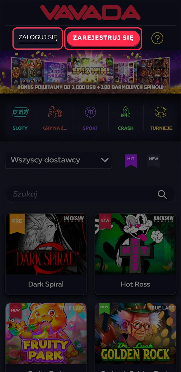 Zaloguj się do swojego profilu Vavada lub zarejestruj się bezpośrednio w aplikacji mobilnej.
