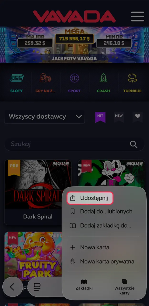 Otwórz menu w przeglądarce Safari, aby dodać aplikację Vavada do swojego urządzenia.