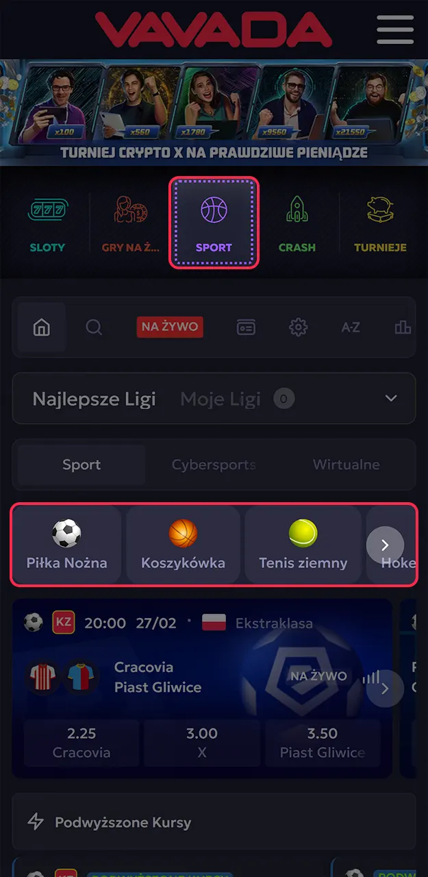 Znajdź interesujące Cię mecze w aplikacji Vavada.