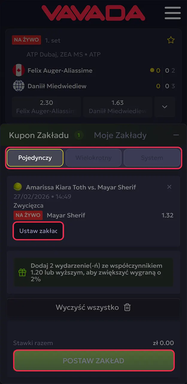 Wprowadź kwotę zakładu i potwierdź swój kupon w aplikacji mobilnej Vavada.
