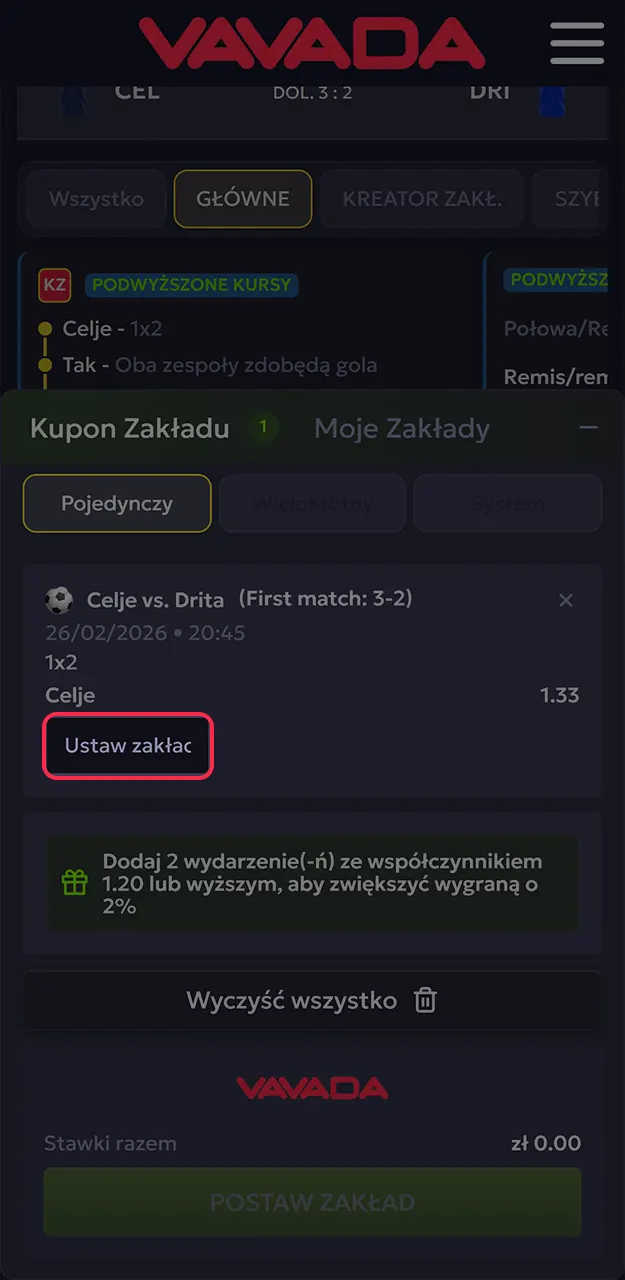 Skonfiguruj swój kupon w Vavada, wybierając kwotę zakładu.