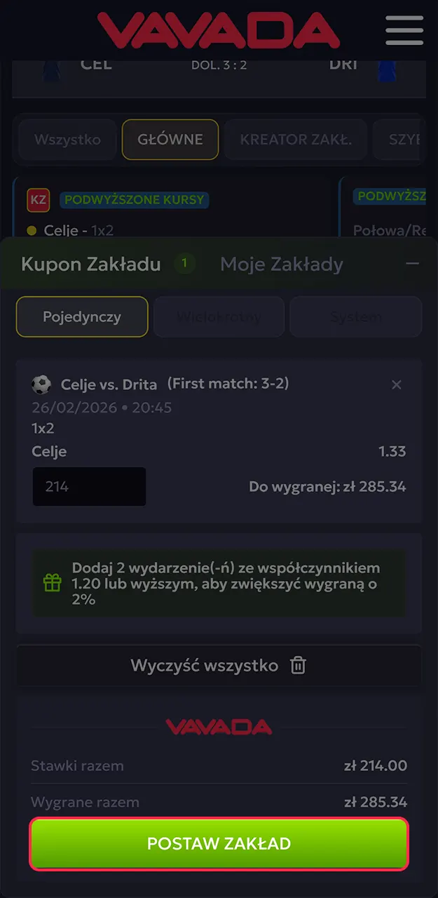 Zatwierdź swój zakład i monitoruj status kuponu w historii konta Vavada.