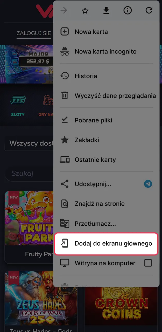 Wybierz funkcję instalacji aplikacji Vavada, aby rozpocząć grę w Aviator.
