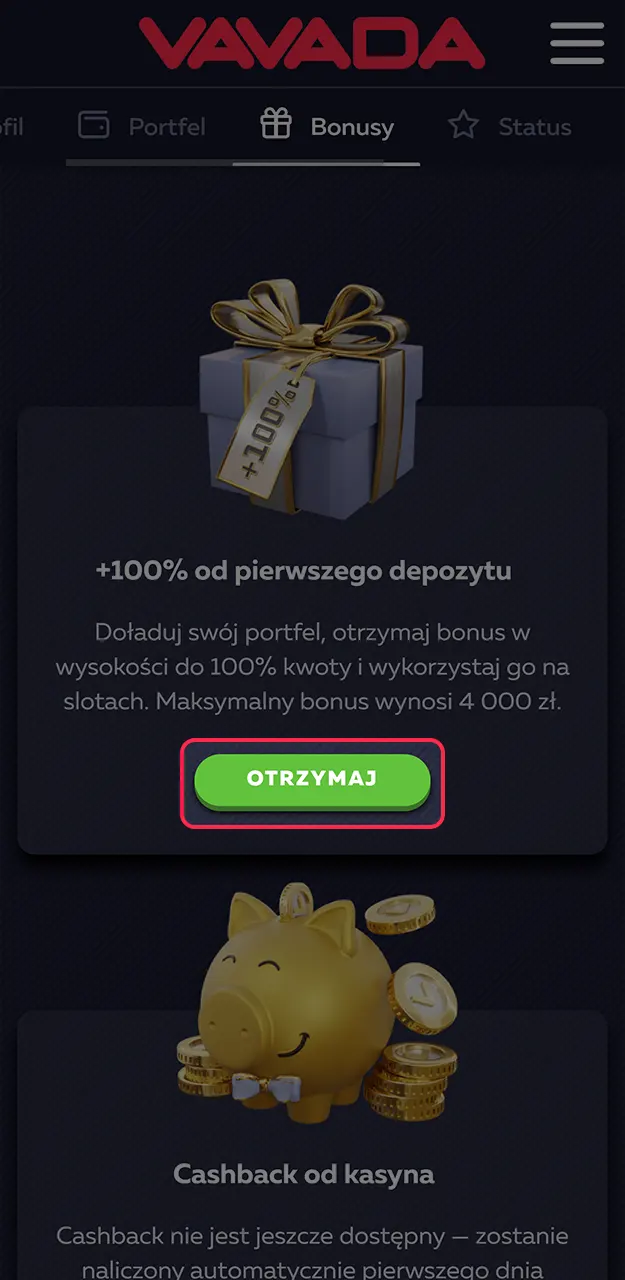 Aktywuj pakiet startowy dla nowych graczy w zakładce bonusowej na swoim koncie Vavada.