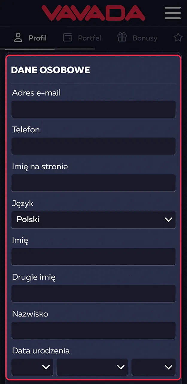 Przejdź do ustawień konta Vavada i uzupełnij wymagane informacje osobiste w swoim profilu.