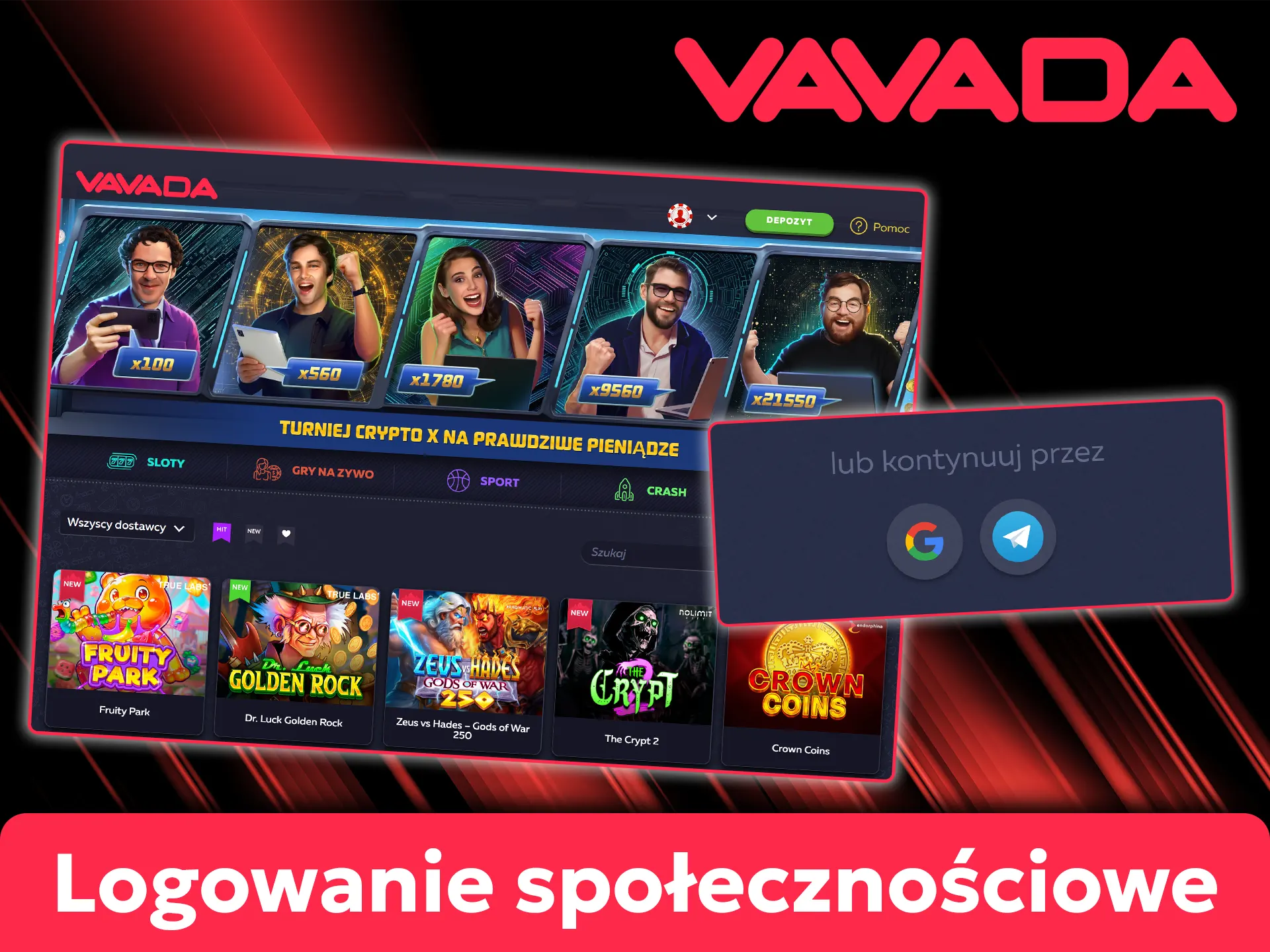 Zaloguj się do swojego profilu Vavada jednym kliknięciem za pomocą kont Google lub Telegram.