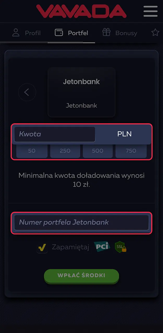Wpisz sumę doładowania w PLN oraz wymagane dane w formularzu płatności Vavada