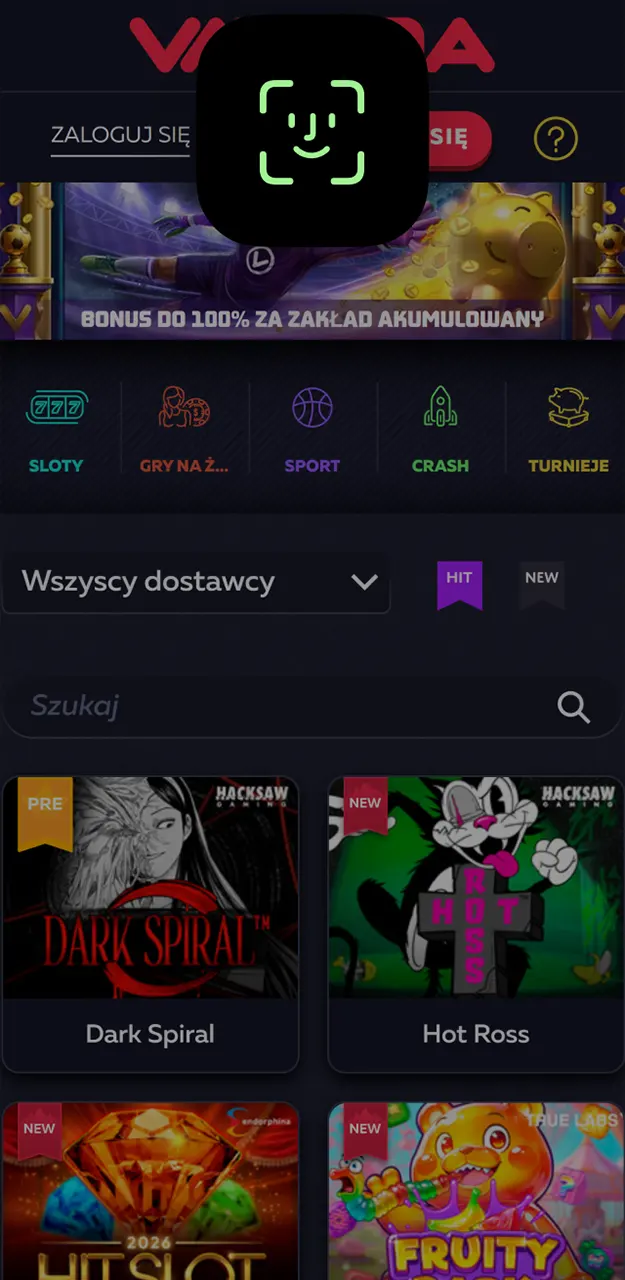 Użyj czytnika linii papilarnych lub rozpoznawania twarzy, aby zalogować się do aplikacji Vavada.
