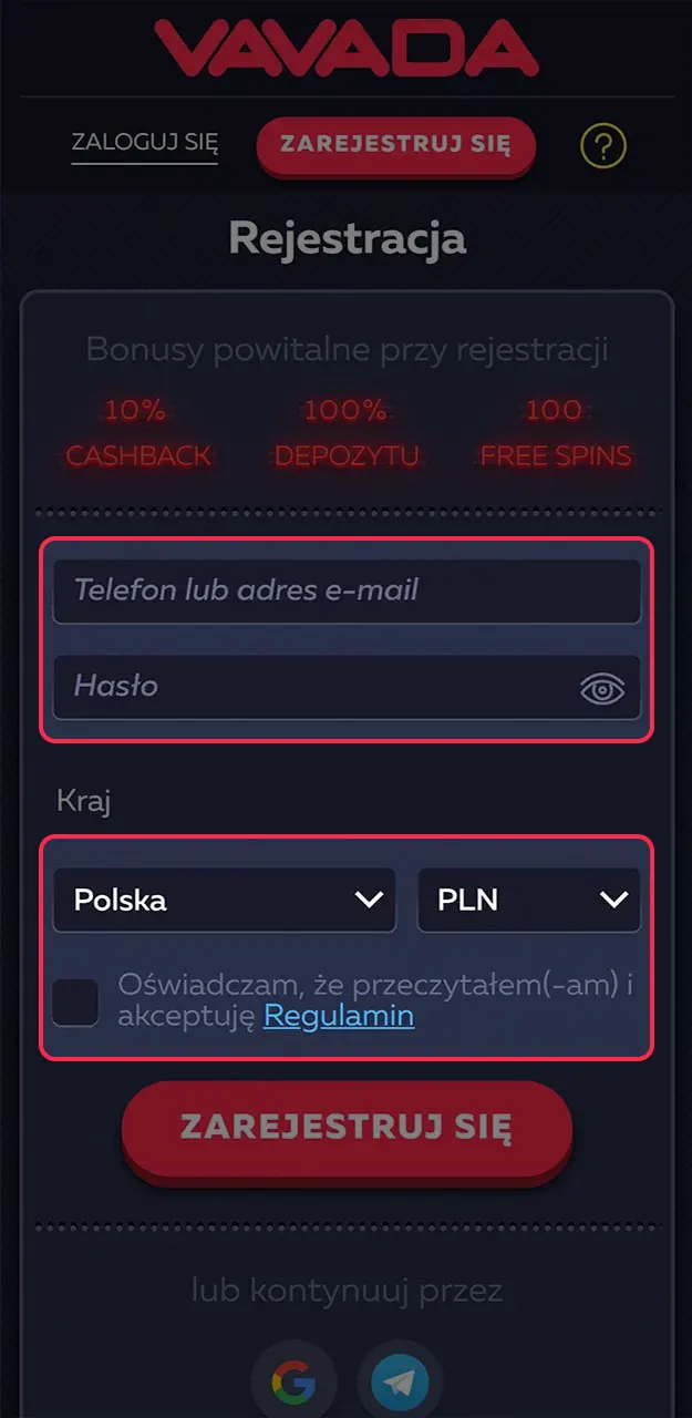 Wprowadź wymagane dane, aby pomyślnie zarejestrować się w serwisie Vavada.