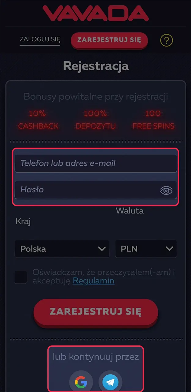 Wybierz dogodny sposób utworzenia konta w Vavada.